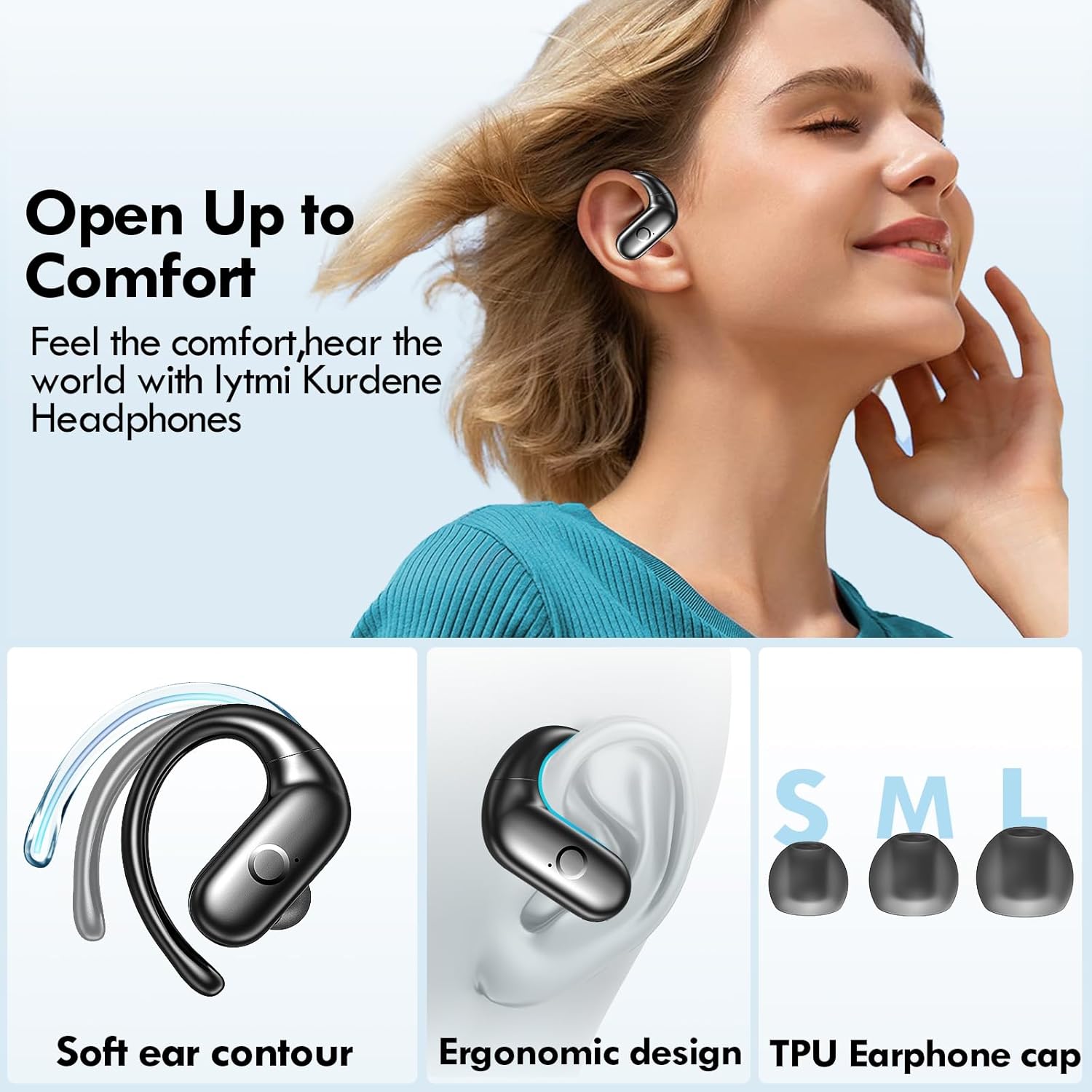 kurdene Wireless Earbuds Bluetooth Headphones Sport,Over Ear Buds with Deep Bass Sound,60Hrs Playtime Earphones Redesigned Comfort Fit with Earhooks for Running,Meeting,Workout-Black - Image 5