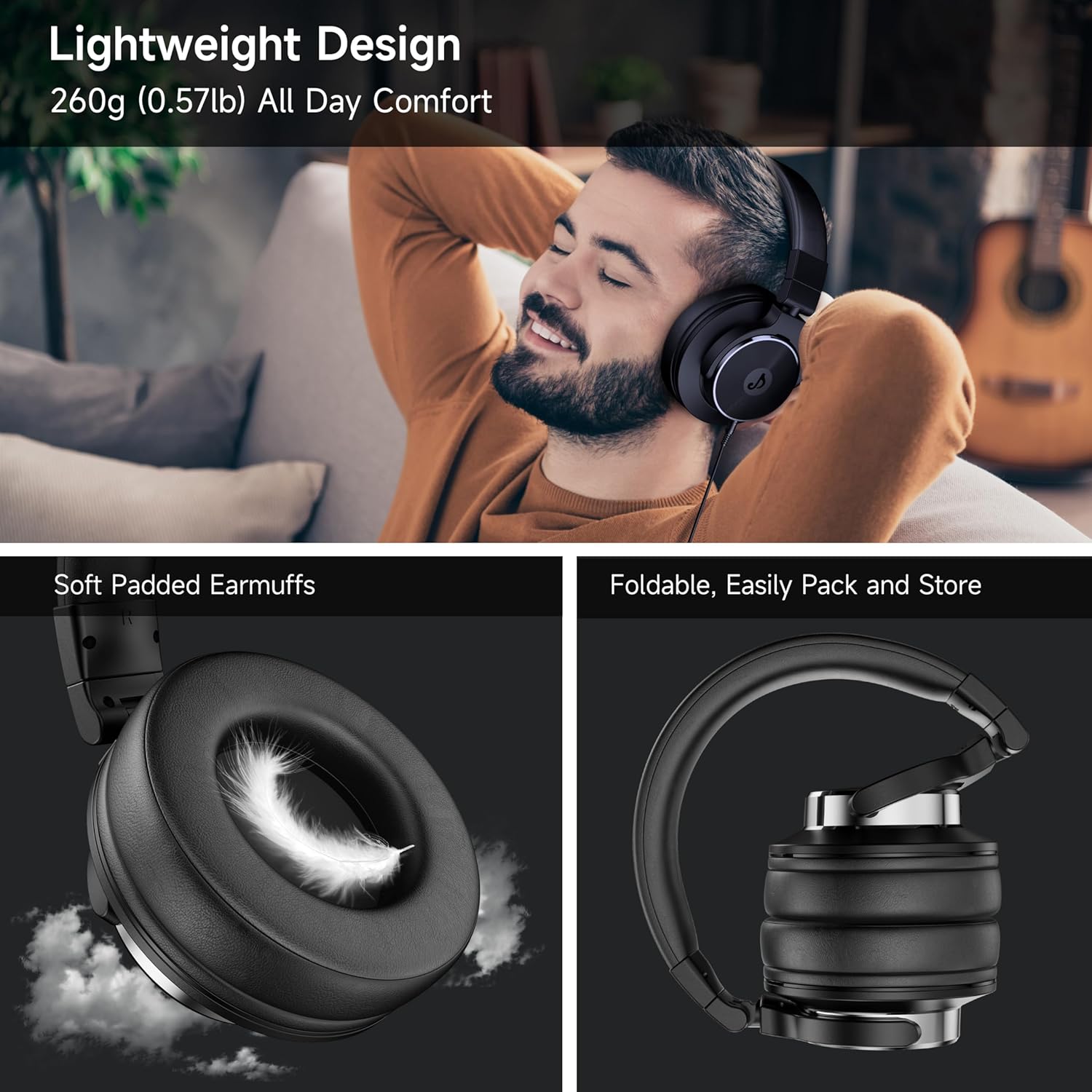 Wired Headphones Over Ear, Studio Monitor & Mixing DJ Headphones with 50mm Neodymium Drivers and 1/4 to 3.5mm Jack for Guitar AMP Podcast Piano Keyboard (Black) - Image 5