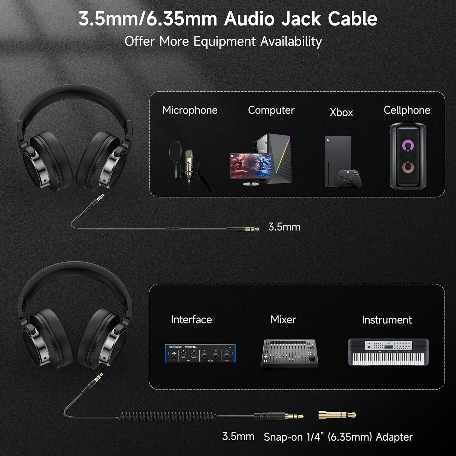 Wired Headphones Over Ear, Studio Monitor & Mixing DJ Headphones with 50mm Neodymium Drivers and 1/4 to 3.5mm Jack for Guitar AMP Podcast Piano Keyboard (Black) - Image 6