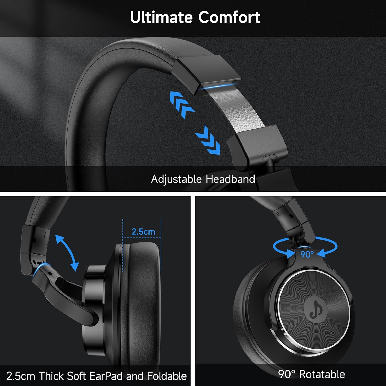 Wired Headphones Over Ear, Studio Monitor & Mixing DJ Headphones with 50mm Neodymium Drivers and 1/4 to 3.5mm Jack for Guitar AMP Podcast Piano Keyboard (Black) - Image 7