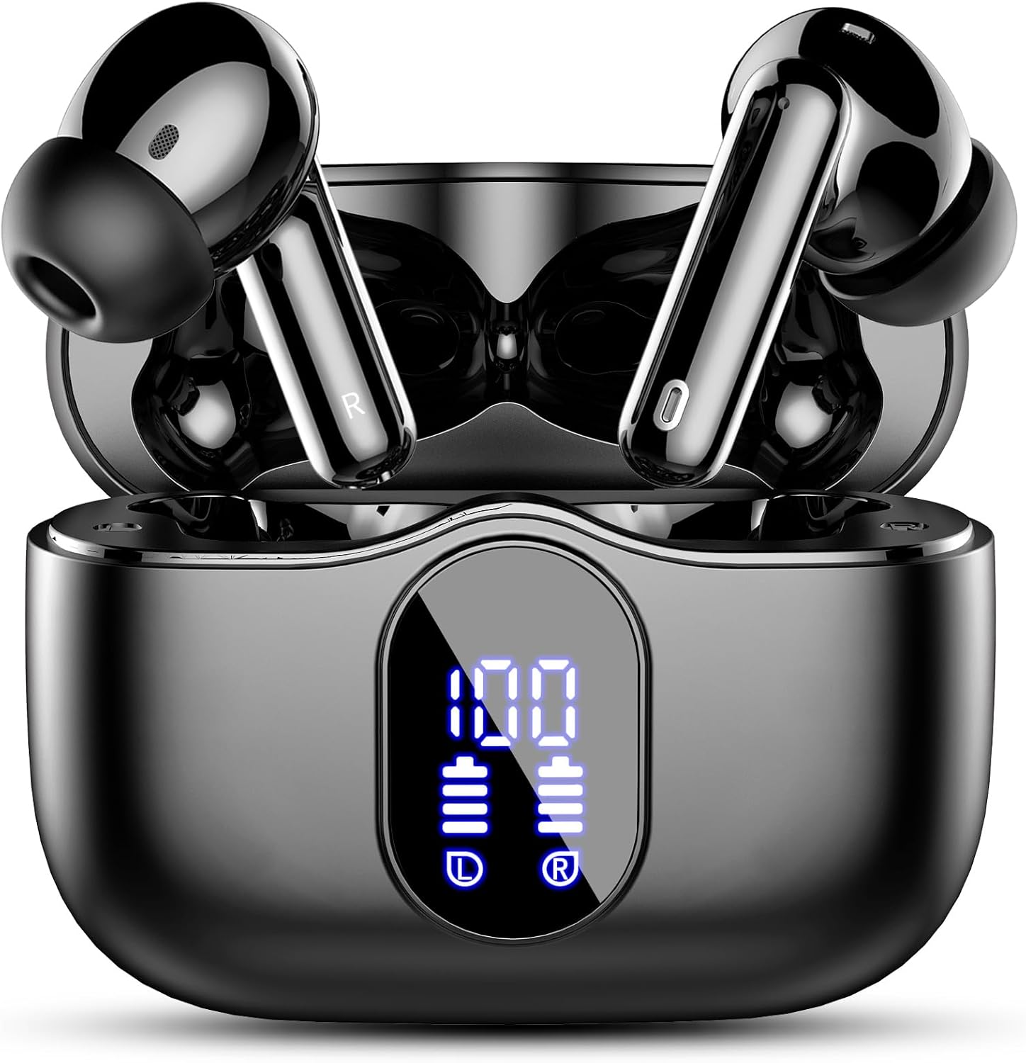 Wireless Earbuds, Sports Bluetooth Headphones, 80Hrs Playtime Ear Buds with LED Power Display, Noise Canceling Headset, IPX7 Waterproof Earphones for Workout/Running(Black)
