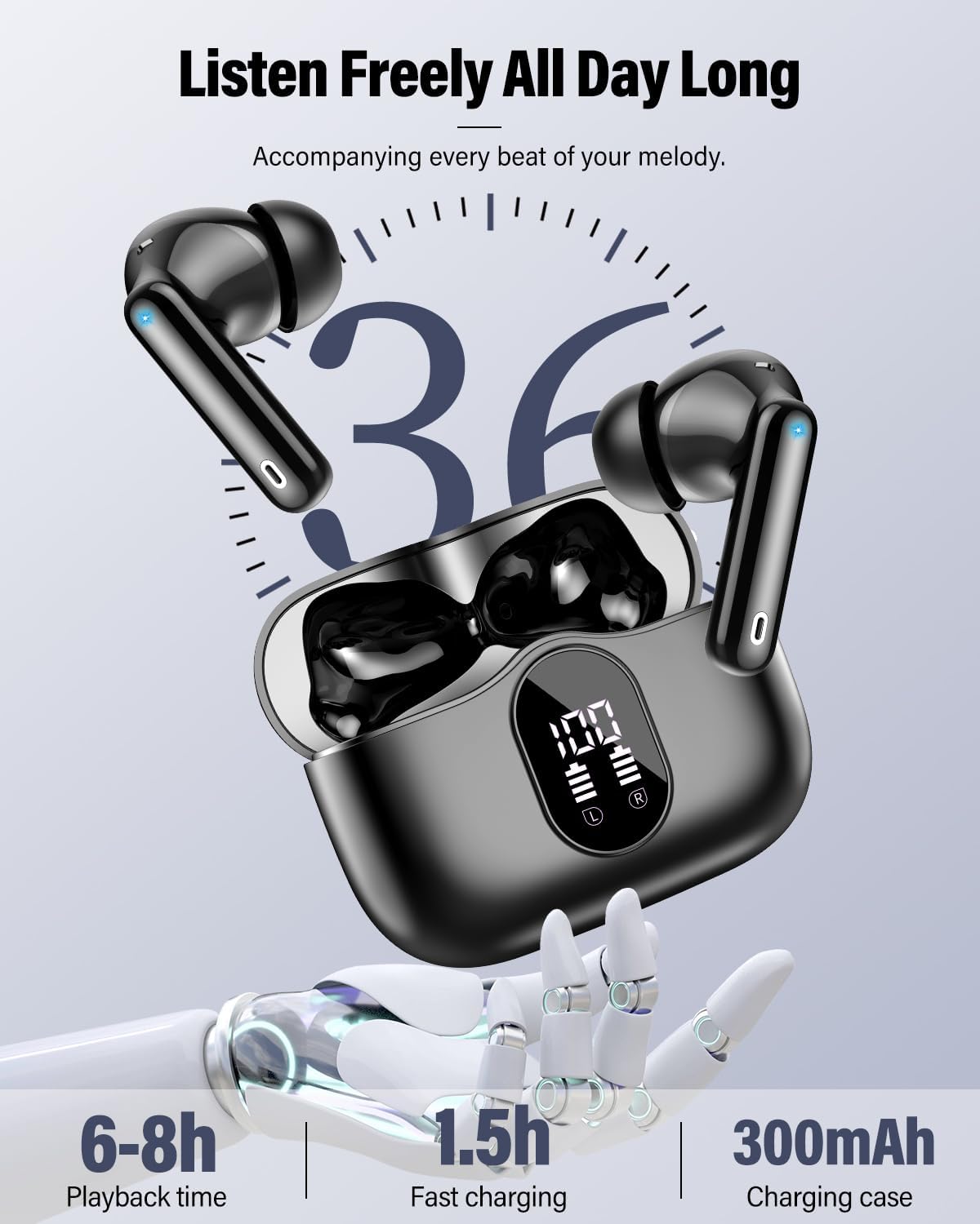 Wireless Earbuds, Sports Bluetooth Headphones, 80Hrs Playtime Ear Buds with LED Power Display, Noise Canceling Headset, IPX7 Waterproof Earphones for Workout/Running(Black) - Image 5